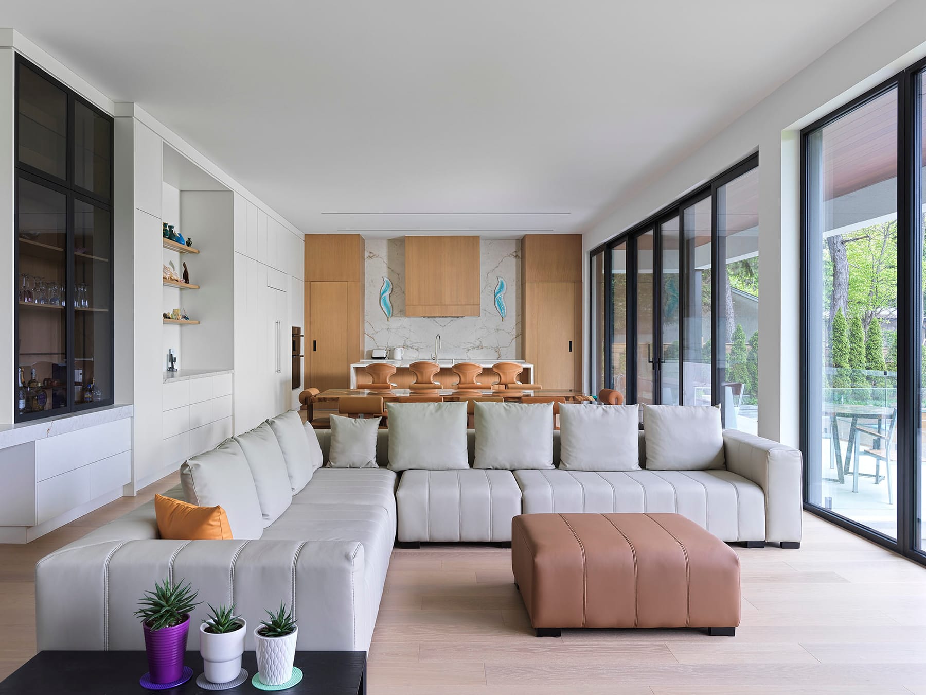 Mississauga living space with integrated ceiling tracks, illuminated shelving and expansive glazing